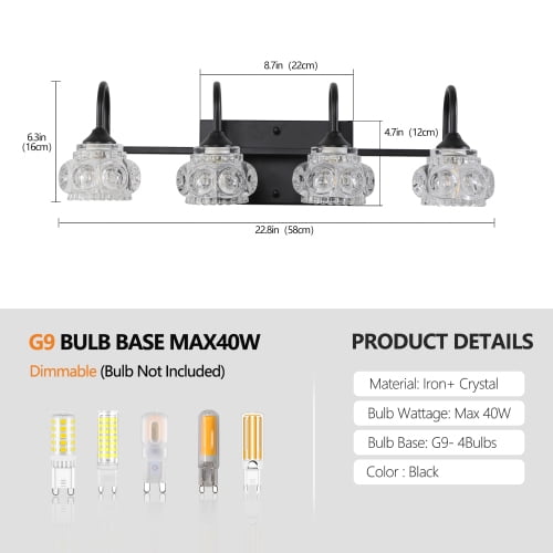 Hi-LIGHTS,Retro 4-Light Bathroom Vanity Light Fixture with Crystal Glass Shades(Bulbs Not Included),Wall Mounted Lighting for Bathroom,Dressing Room,Powder Room and Vanity Mirror(Black）