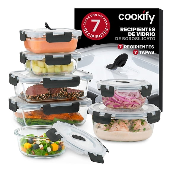 Set 7 Recipentes De Vidrio Cookify, Tapa Hermética | Refractarios Contenedores Resistentes Sin Bpa, Aptos Para Horno, Congelador