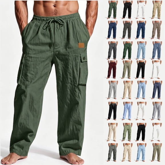 Ihhxva Men's Casual Cargo Pants with Multiple Pockets, Lightweight Cotton Linen Loose Fit Straight Leg Drawstring Pants for Summer Travel Daily Wear S-3XL