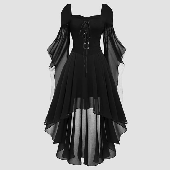 Gothic Dress for Women - Vintage Lace-Up Front Midi Dress with Bell Sleeves, Irregular Hem Chiffon Party Dress