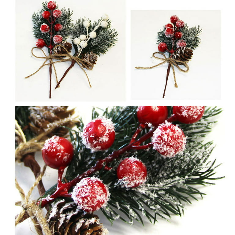 10 Pcs Mini Plastic Red Berry Stems Pine Branches Evergreen Christmas  Berries Artificial Pine Cones Branch Craft Wreath Floral Picks Holly Stem  for Decoration Xmas Garland Crafts 