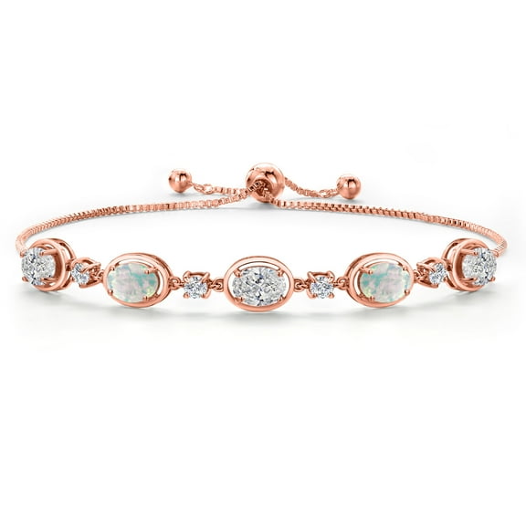 Gem Stone King 18K Rose Gold Plated Silver White Lab Grown Diamond and Simulated White Opal Bracelet for Women | 4.10 Cttw | Gemstone April Birthstone | Oval 7X5MM | Fully Adjustable 9 inch