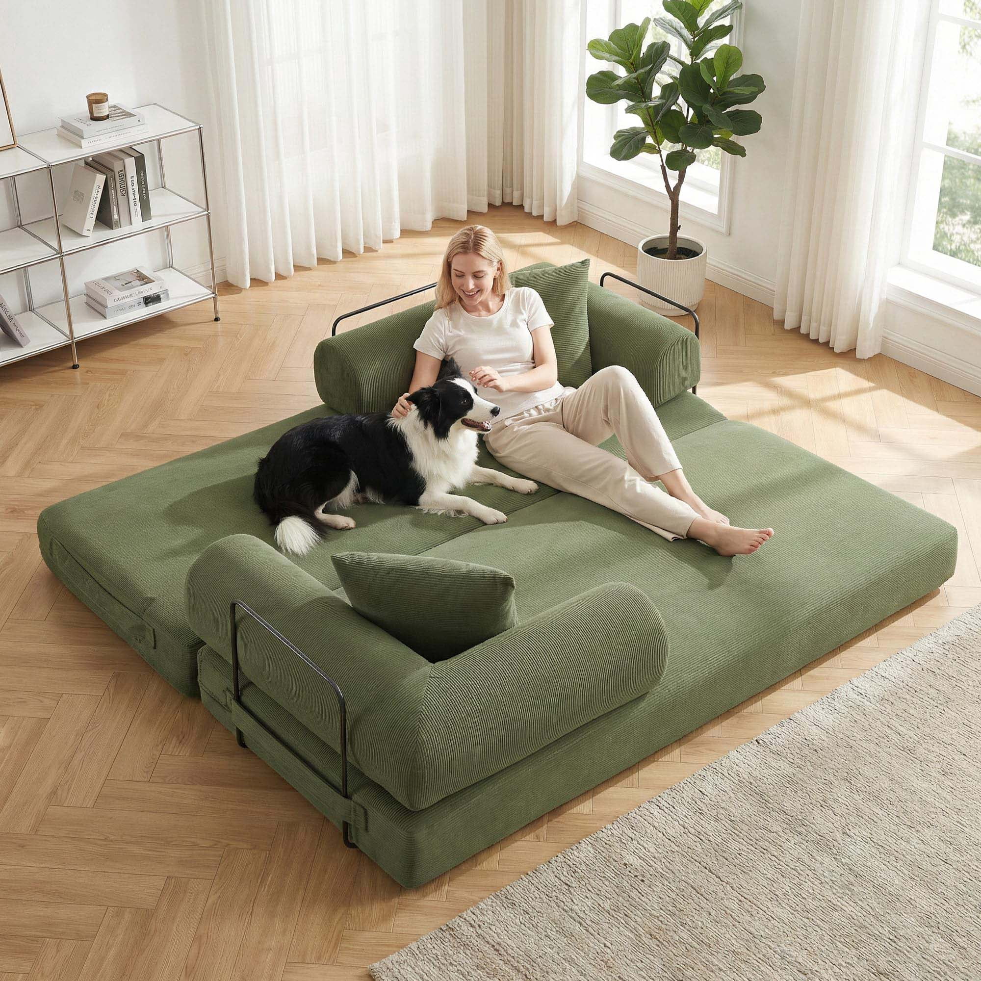CAPCAEK 78.5" Convertible Sofa Bed, Corduroy Foldable Sleeper Loveseat with Memory Foam and 2 Pillows, Green