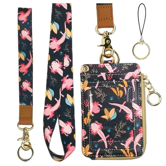 Lanyard with Wallet,Zip ID Case with Lanyard,Lanyard Badge Holder,Lanyard Wallet for Women,Fashion Lanyard Wallet, ID Case Wallet with LanyardAxolotl