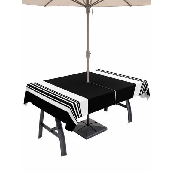 Outdoor Tablecloths with Umbrella Hole & Zipper, Farmhouse Black 60 x102 Inch Rectangle Tablecloths, Aesthetic Modern Line Striped Waterproof Table Cloth, Patio/Pool/Picnic Table Covers