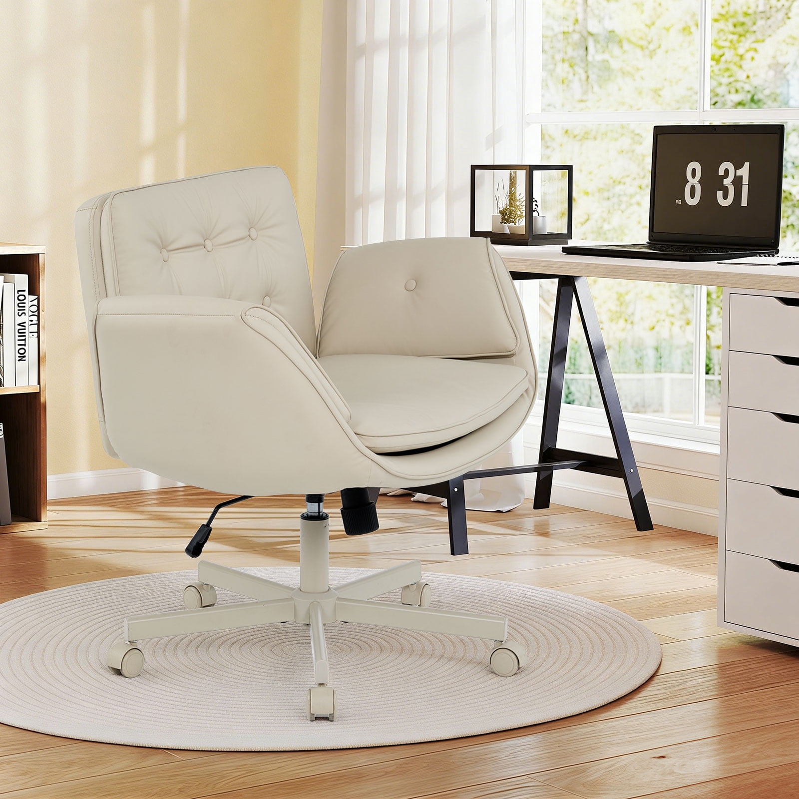 Ebello Oversized Vanity Chair with Foldable Arms, Criss Cross Design Big & Tall Desk Chair - 300 lbs Capacity, Swivel Computer Chair with Wheels for Office, Cream