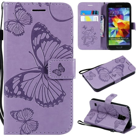 Galaxy S5 Flip Wallet Case S5 Case, Samsung Galaxy S5 Case - Allytech Premium Wallet PU Leather with Fashion Embossed Floral Butterfly Magnetic Clasp Card Holders Flip Cover with Hand Strap, Purple ()