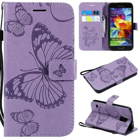 S5 Case, Samsung Galaxy S5 Case - Allytech Premium Wallet PU Leather with Fashion Embossed Floral Butterfly Magnetic Clasp Card Holders Flip Cover with Hand Strap, Purple