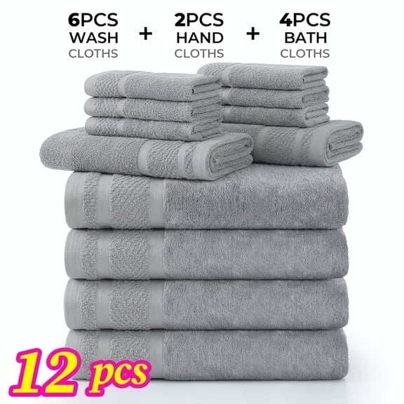 12pcs Bath Towel Sets, Solid Color Cotton Blend Bathroom Towel, 4 Bath Towels And 2 Hand Towels And 6 Washcloths, Multiple Colors Available, Soft And Absorbent, Family Towel Set