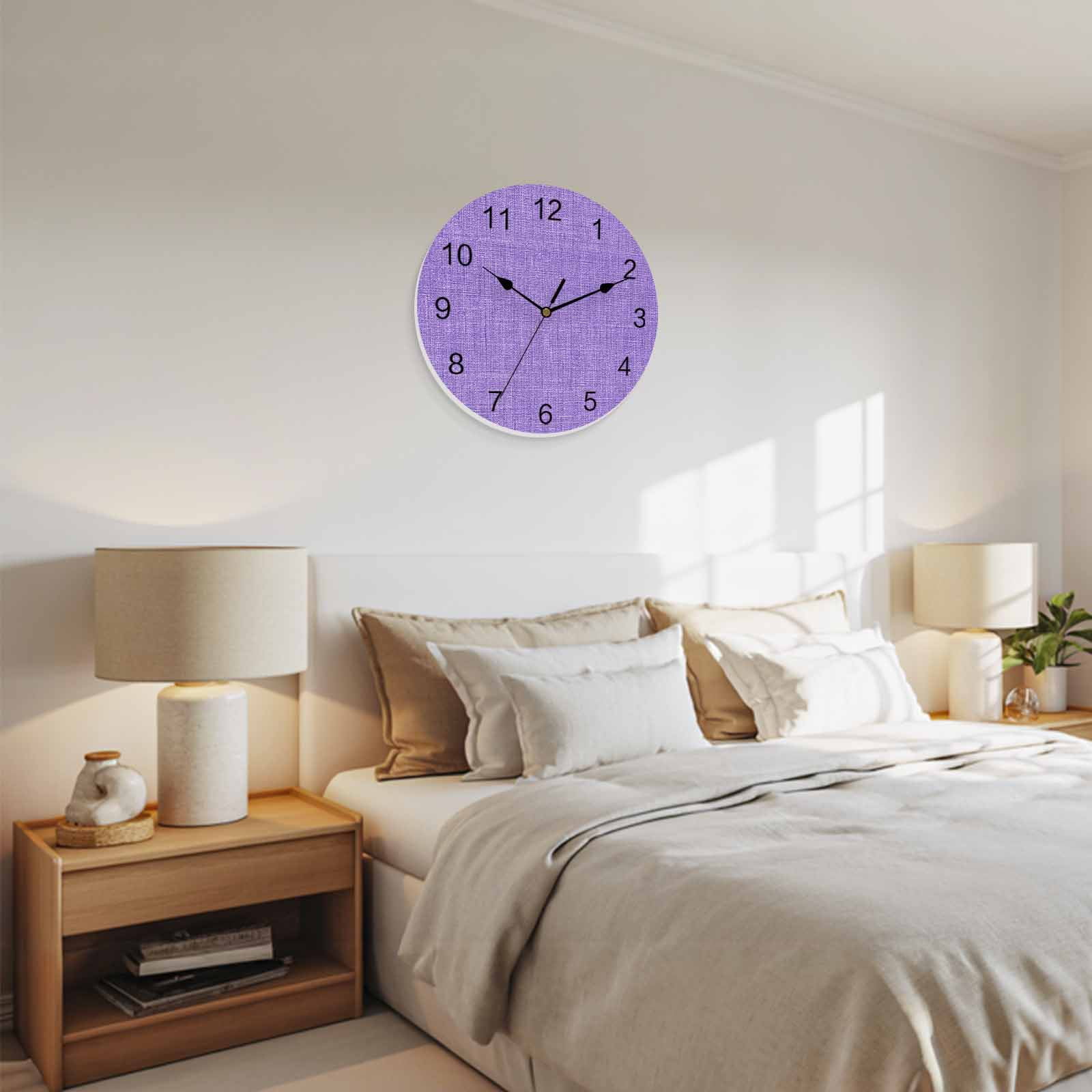 Wall Clock Purple Linen Texture Clocks PVC Silent Non-Ticking Battery Operated Decorative Farmhouse Solid Color Round Clock for Home Living Room Kitchen Bedroom Office School Wall Decor 14 Inch