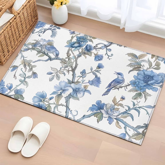 Blue Floral Birds Bathroom Rug Washable 2x3 Entryway Rug Non Slip Farmhouse Flowers Pastoral Front Door Mat Low Pile Indoor Doormat Throw Floor Carpet for Kitchen Bedroom Entrance