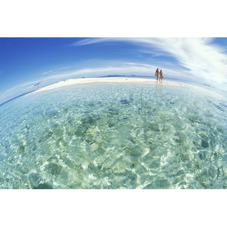 Fiji Couple On Small Private Island Hold Hands Blue Sky Turquoise Ocean Snorkel Gear Wide Angle View Stretched Canvas - Dave Fleetham  Design Pics (38 x