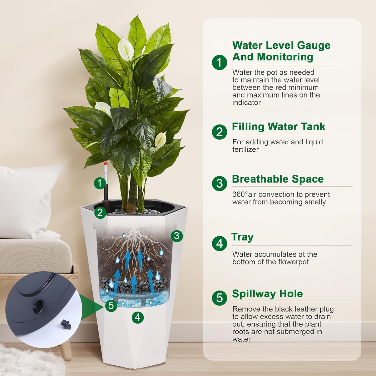 QinaQin 2PC 22.4Inch Self Watering Planters,Tall Diamond Plastic Flower Pots with Inner Bucket,Trays & Water Level Monitor,Indoor Outdoor Planters for Indoor Outdoor,White