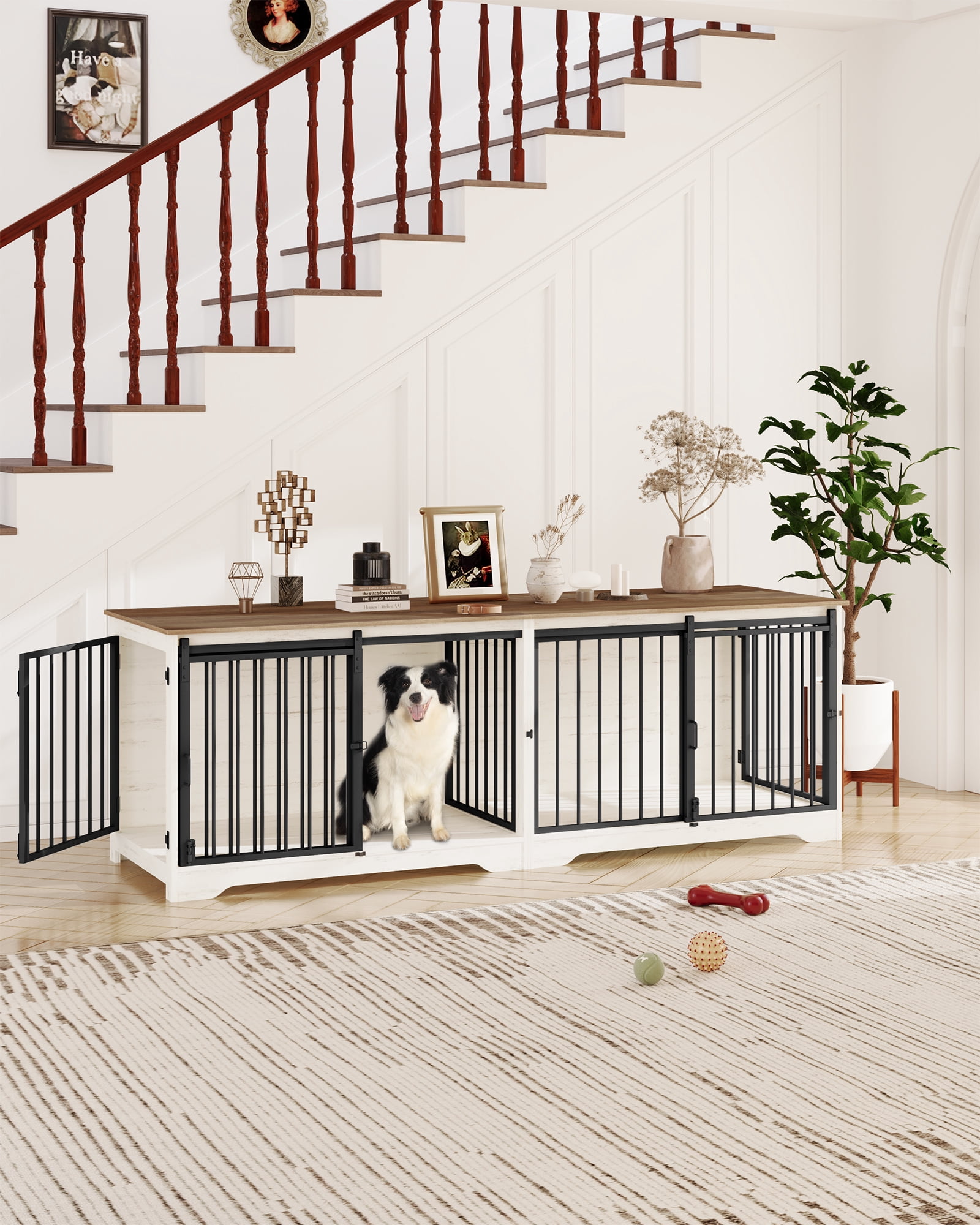 78" Dog Crate Furniture with Divider, Dog Crate Barn Door, Dog Kennel Indoor, Wood Dog Crate