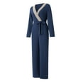thumbnail image 2 of Seyurigaoka Women Romper Pants Long Sleeve V Neck High Waist Patchwork Loose Long Trousers Jumpsuit with Belt, 2 of 9