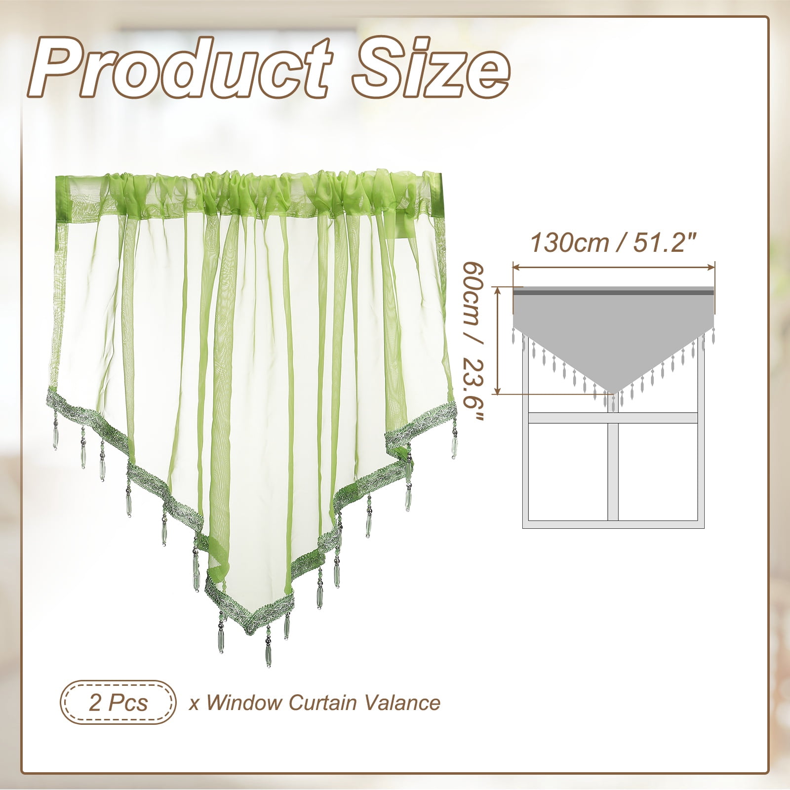 Uxcell 2Pcs Window Valance, 51x24 Inch Beaded Triangle Sheer Valance Curtains Small Short Light Filtering Sheer for Windows Bedroom Bathroom Living Room Kitchen, Green
