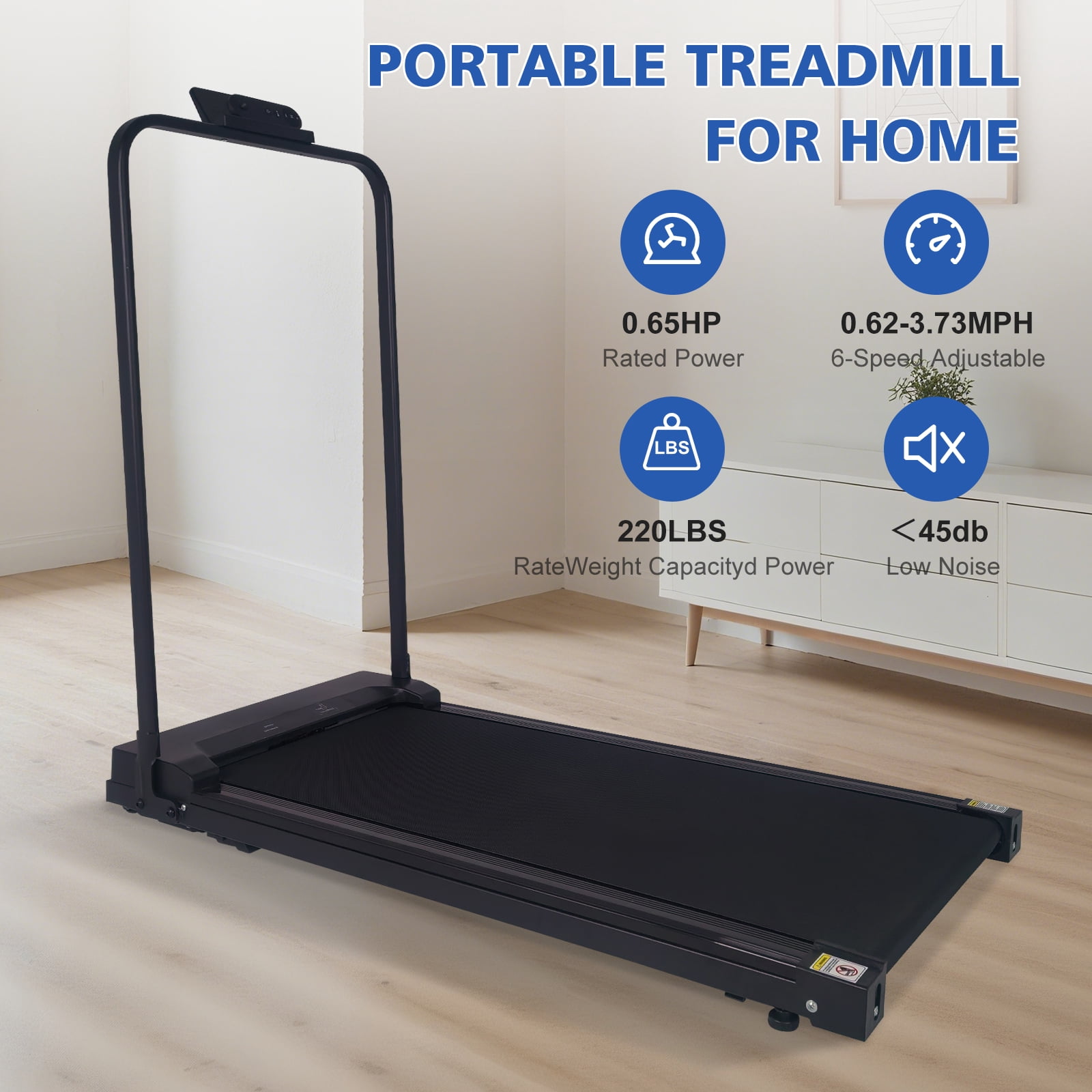 Foldable Under Desk Treadmill with 2-Level Incline, Portable Walking Pad for Home Office, Compact Indoor Fitness Treadmill with Display and Wheels, Black