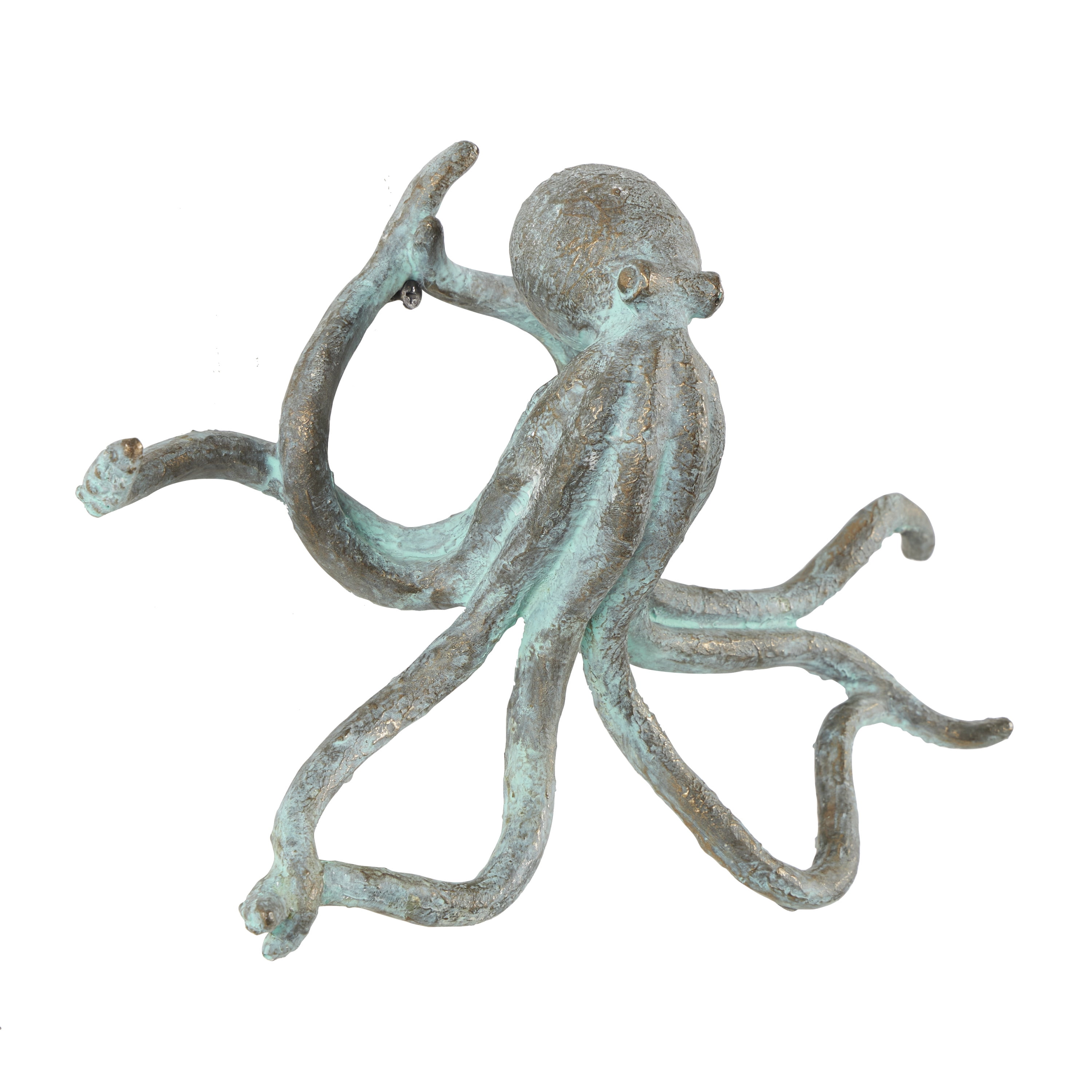 12" x 4" Blue Polystone Distressed Patina Octopus Sculpture with Gold Foil Accents, by DecMode
