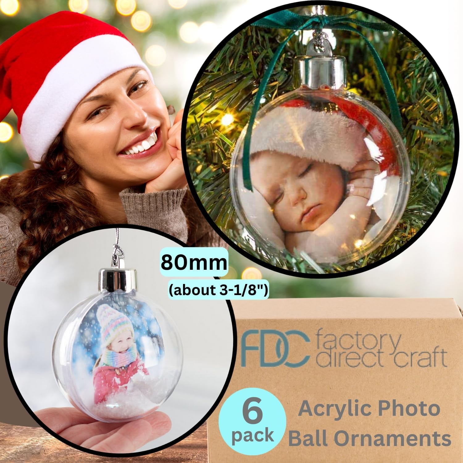 6pc Acrylic Photo Ball Ornaments - for Christmas and Gifts - Factory Direct Craft