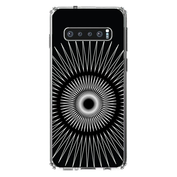 DistinctInk Clear Shockproof Hybrid Case for Samsung Galaxy S10 (6.1" Screen) - TPU Bumper, Acrylic Back, Tempered Glass Screen Protector - Black White Star Bursts