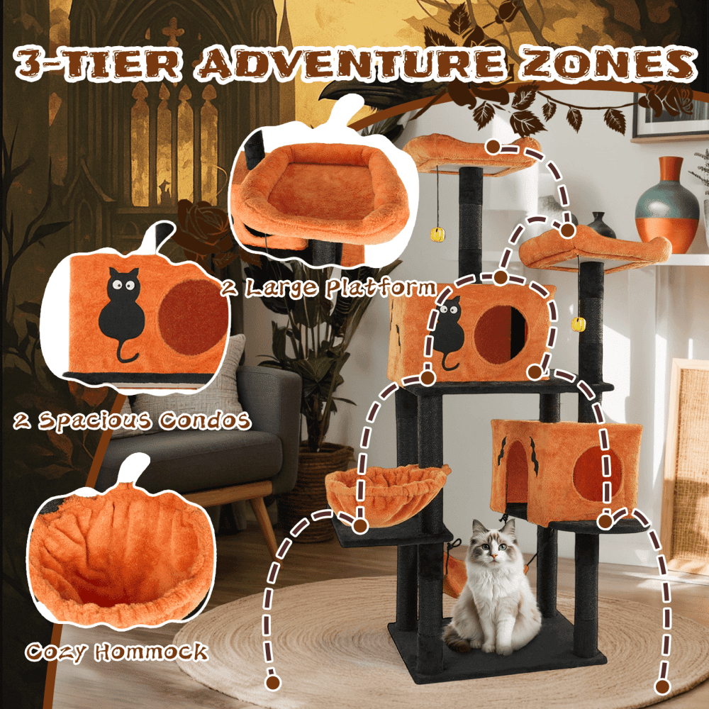 Tcbosik Halloween Cat Tree, 61" Cat Tower with Cat Condos, Padded Perches and Hammocks, Multi-Level Cat Activities Furniture with Scratching Posts and Hanging Balls, Orange & Black