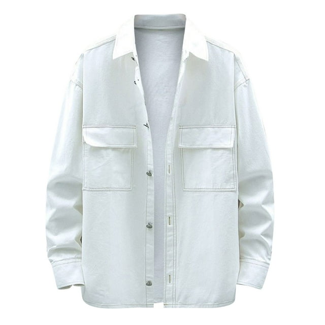 Shirts for Men Button Down Autumn Winter Solid Color Stand Long Sleeve Cardigan Slim Fit White Fall Clothes for Men size M