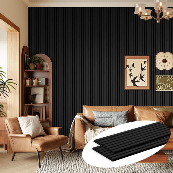 Easy4Home 2Pcs 106"x12.6" Wood Slat Acoustic Wall Panels, 3D Fluted Soundproof Decorative Panels for Interior Walls, Black Oak