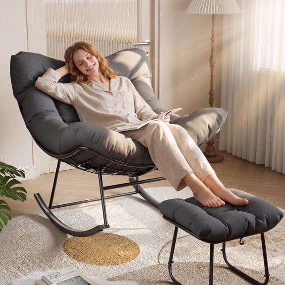Oversized Papasan Rocking Chair, Rattan Egg Style Patio Rocker with Sturdy Metal Frame, Outdoor Relaxing Chair for Balcony Backyard Porch