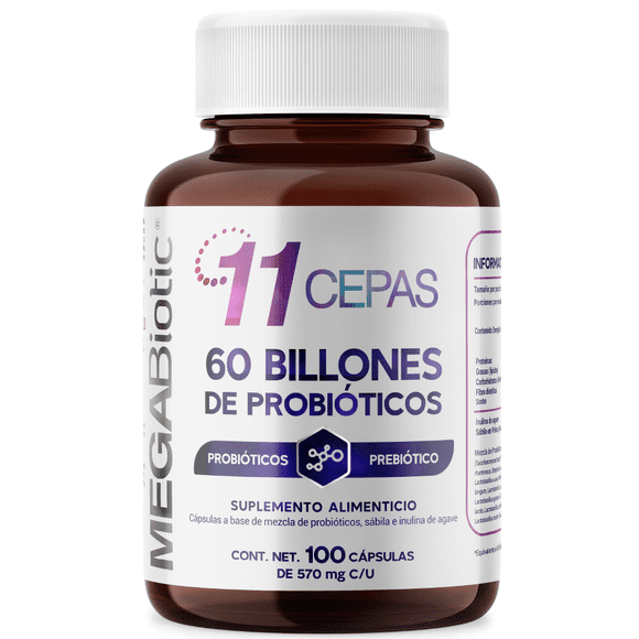 MegaBiotic 60 Billones UFC con 11 Cepas de Probióticos | Sábila e Inulina de Agave | Suplemento Alimenticio | L. Rhamnosus | Saccharomyces B. |Bifidobacterium | 100 Cápsulas | 570 mg c/u