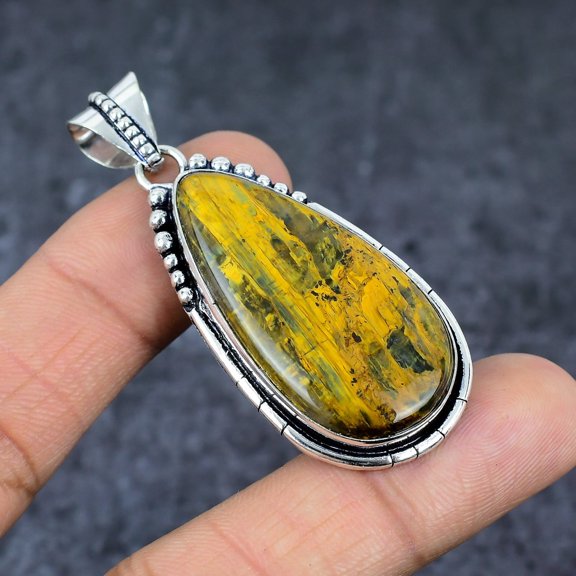Adidev 30 Carat Tiger’s Eye Gemstone Drop ShapeYellow Color 925 Sterling Silver Pendant for Women