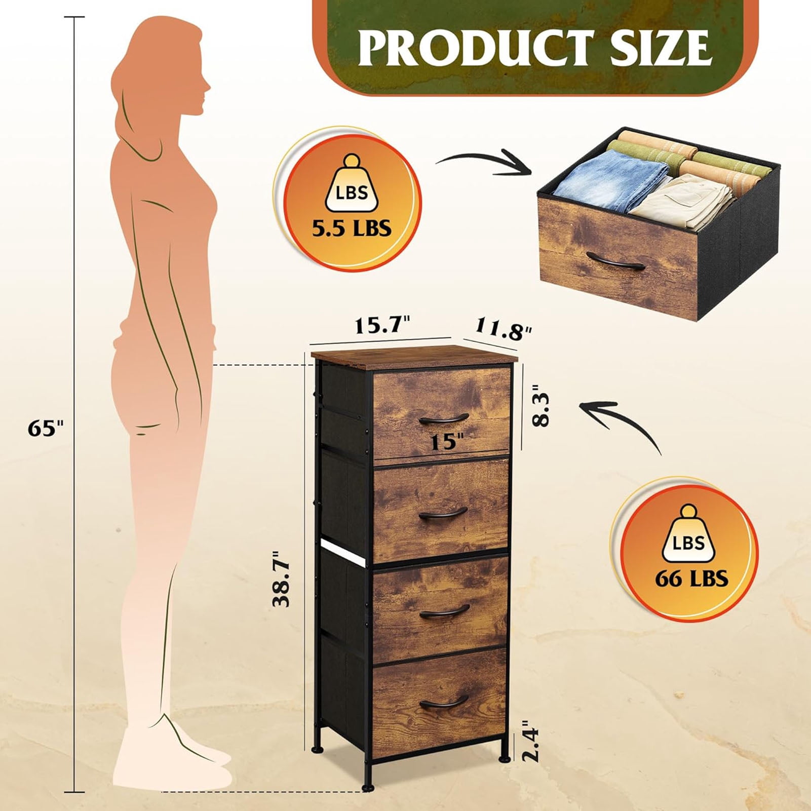 Dresser with 4 Drawers, Fabric Storage Tower, Nightstand Bedside Table Organizer Unit for Bedroom, Living Room, Rustic Brown