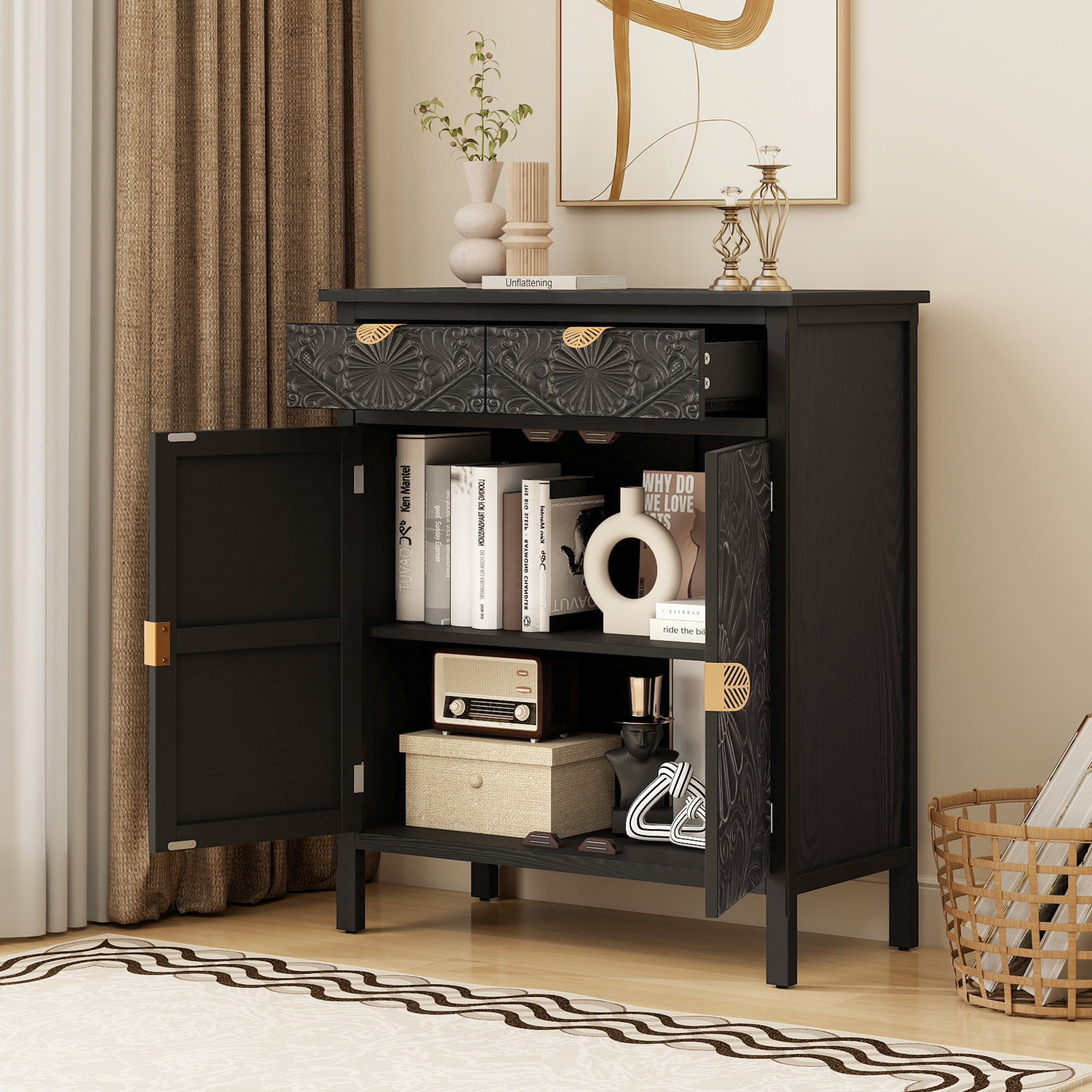 Leumius Accent Cabinet, Black Wooden Storage Cabinet with Drawer & Doors, Floral Embossed Sideboard with Gold Handles for Entryway Living Room