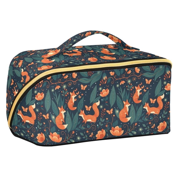 FORMRS Makeup Bag Travel Cosmetic Organizer for Women Fold Flat Zipper Pouch with Handle, Whimsical Foxes Pattern