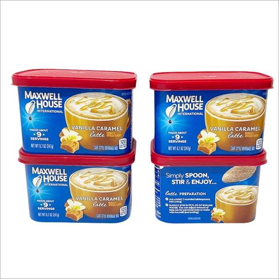 Maxwell House International Cafe Vanilla Caramel Latte Instant Coffee (8.7 Oz Tin) Pack Of 4