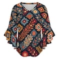 thumbnail image 5 of Colorful Floral Pattern Fabric Women's V-Neck Blouse With 3/4 Ruffled Bell Sleeves Casual Top Ladies Blouses, 5 of 7