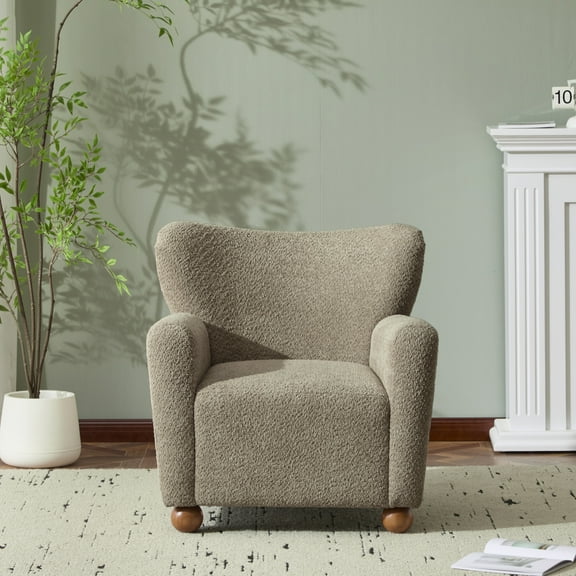 GDF Studio Cozy Wingback Armchair with Boucle Upholstery, Solid Wood Legs Accent Chair, Light Brown