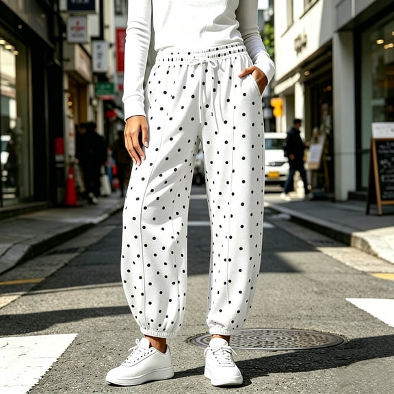 Jogger Sweatpants for Women Polka Dot Print with Pockets Elastic Drawstring Waist Soft Comfortable Relaxed Fit Cuffed Ankle Pants for Lounge Travel Workout and Everyday Wear
