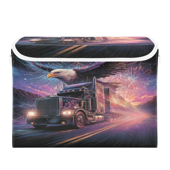 Large Collapsible Storage Box Flip Lid Fabric Decorative Organizer Container Basket with Handles 16.5×12.6×11.8in Eagle and The Big Truck