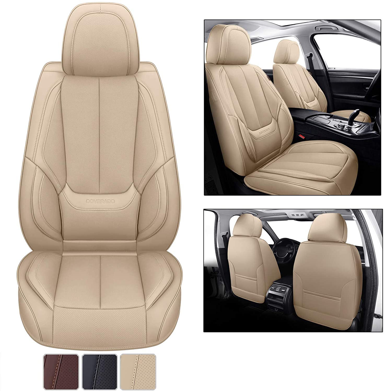 Universal Auto Protectors Fit for Most Sedans SUV Pick-up Truck Waterproof Nappa Leather Car Seat Covers with Head Pillow Beige Coverado Universal Seat Covers Full Set 