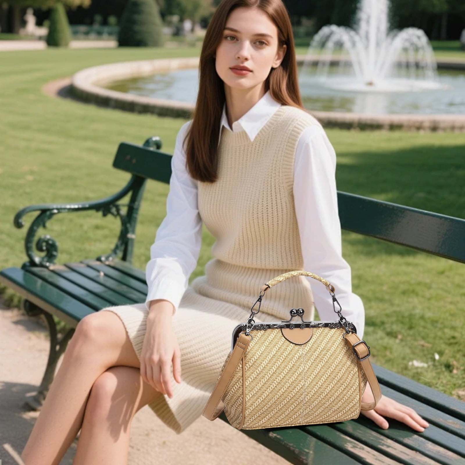 SENDEFN Handbag for Women Shoulder Bag Kiss Lock Medium Top Handle Satchel Purse Retro Crossbody Bag Evening Clutch Purses