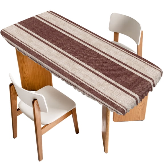 Brown Stripes Fitted Rectangle Tablecloth 32" x 96" Beige Tan Center Band Linen Texture Rustic Vintage Elastic Table Cloth Fits for 8 Foot Folding Tables Waterproof Table Cover for Picnic Camping