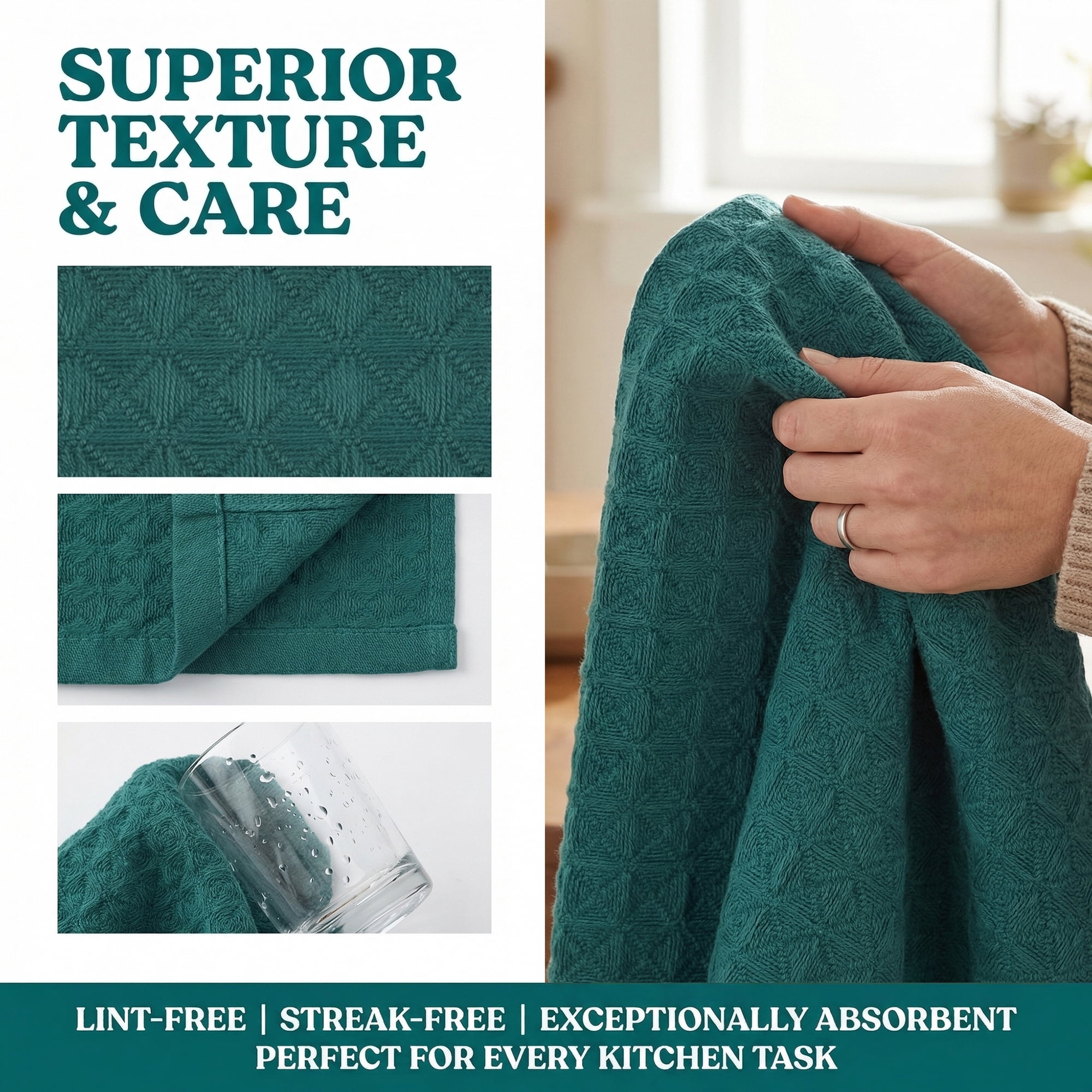 Unique Bargains 4 Pack 100% Cotton Waffle Weave Solid color Kitchen Towels Green 12" x 12"