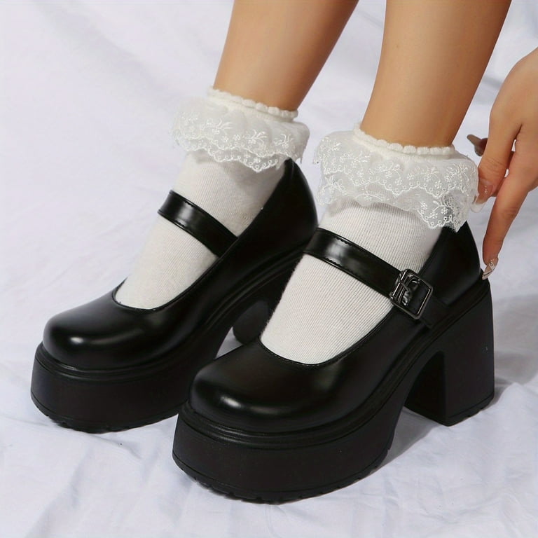 VECPIO Women's Chunky Heeled Mary Jane Round Toe Buckle Strap