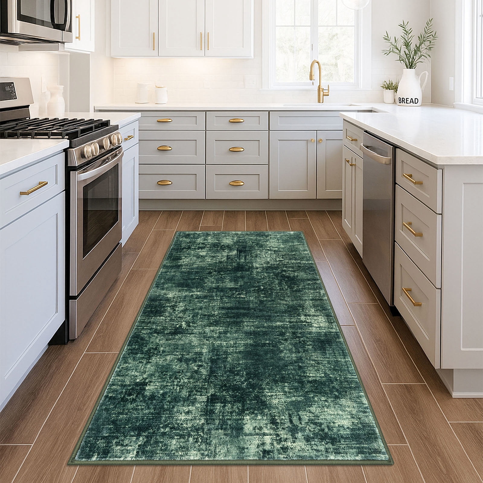 iOhouze Washable Rugs 3x5 ft Entryway Rugs Abstract Non Slip Area Rug Printed Faux Wool Soft Kitchen Rugs Indoor Rugs for Entrance Foyer Living Room Bedroom, Dark Green