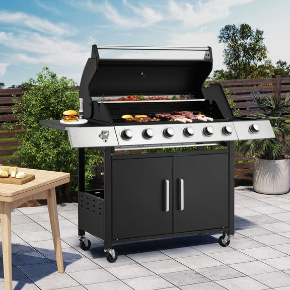 U-HOMY 6-Burner Outdoor Propane Gas Grill with Side Burner and Control Knobs, Patio BBQ Grill for Backyard