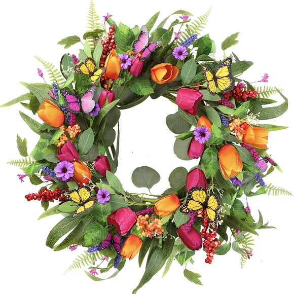 Corona de tulipanes artificiales con hojas para primavera y verano, 56 cm, de Sggvecsy