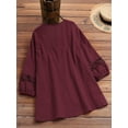 thumbnail image 5 of Womens 3/4 Sleeve Shirts Cotton Linen Roll Up Short Sleeve Tops V Neck Casual Loose Fit Blouses Wine Red L, 5 of 7