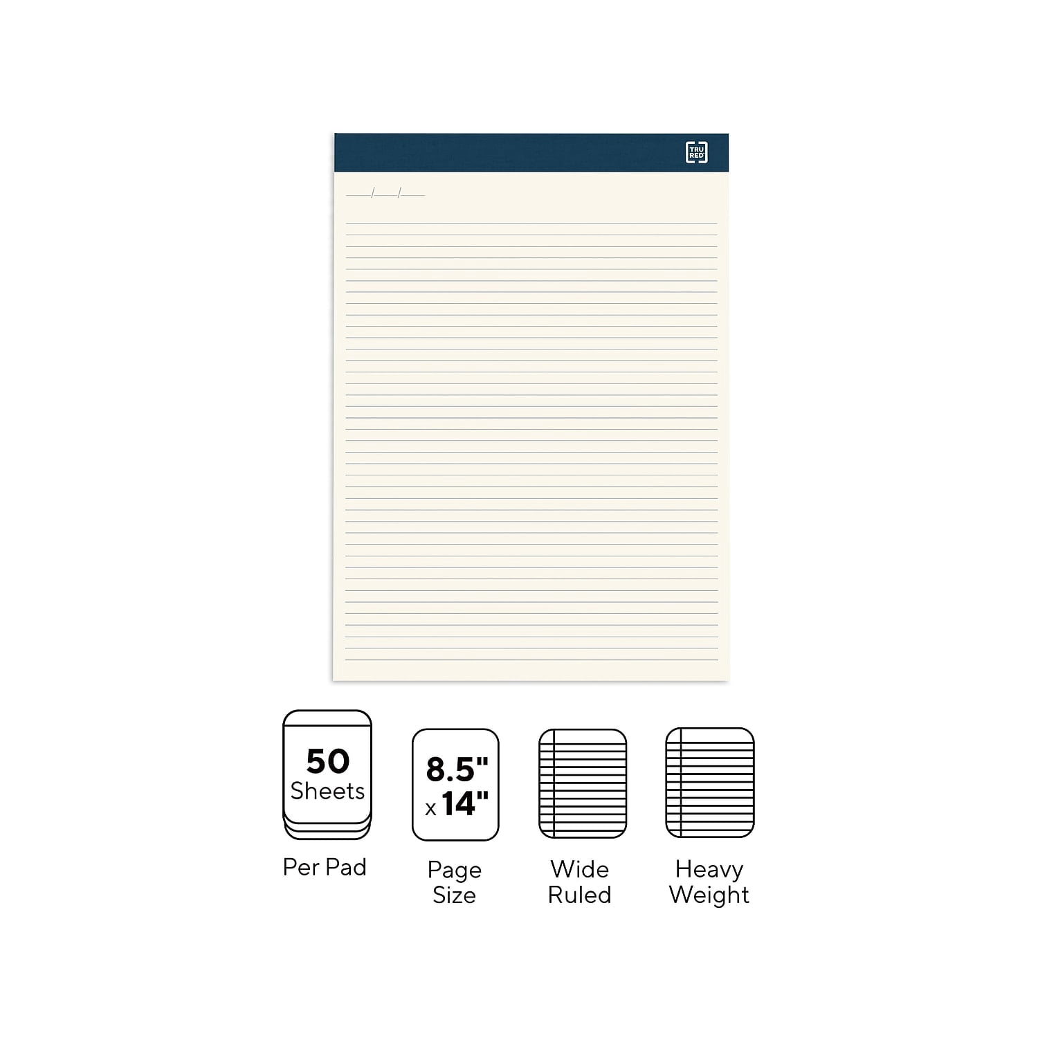 Staples TRU RED Notepads 8.5" x 14" Wide Ruled Ivory 50 Sheets/Pad 24/Carton TR59947VS