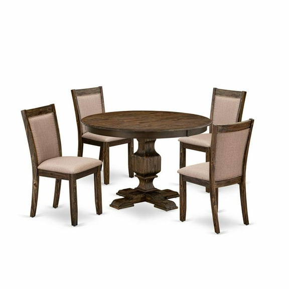 East West Furniture 5 Piece Modern Dining Table Set Consists of a Dining Room Table and 4 Dark Khaki Linen Fabric Upholstered Dining Chairs with High Back - Distressed Jacobean Finish