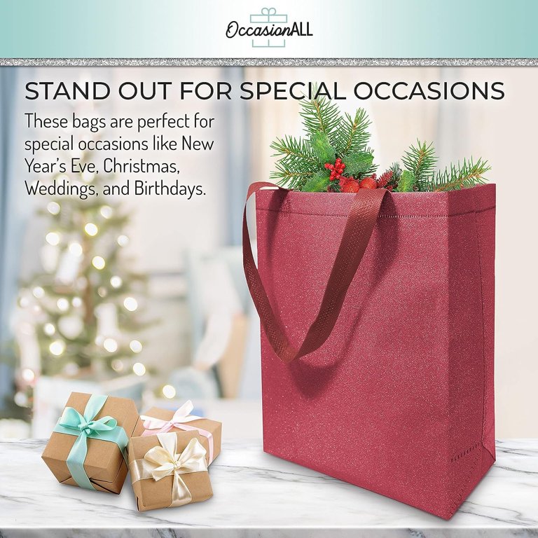 OccasionALL 12-Pack Blue Glitter Gift Bags With Handles - 6x3x8 Inch Reusable Party Favor Bags